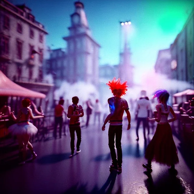 Ultra Realistic photo, medium shot view, drunken dancer women, carnival scene, monster hair, steampunk. Blue hair, confeti, Sunglasses, smoking, happy, festival, red fog. highly detailed, concept art, unreal engine 5, ray tracing, RTX, lumen lighting, ultra detail, volumetric lighting, 3d, finely drawn, high definition, high resolution.