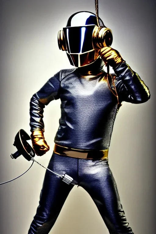 Metallic Cyber-punk man with camera-mask and old AKG-style headphones with golden rings. Fencing mask covers man's cheeks. Good body shape. Body and head full of integrated old-fashioned cameras. Ancient silver telephone attached to perfect body, trunk. Euclidean 3D-tiling, Escher tiling, background. Daft Punk, Tron Movie Bike. Matrix movie, black leather jacket, tippet. Black latex areas in black leather surfaces body. 1990's. Ancient noctuid trypophobic microphone