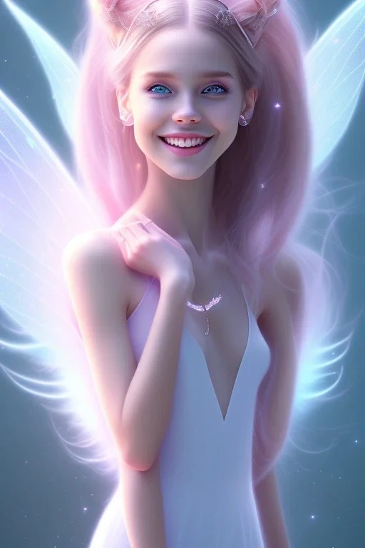 smiling girl, cute, beautiful, long hair, fairy wings, light pastel colors, bright, transparent dress, smile