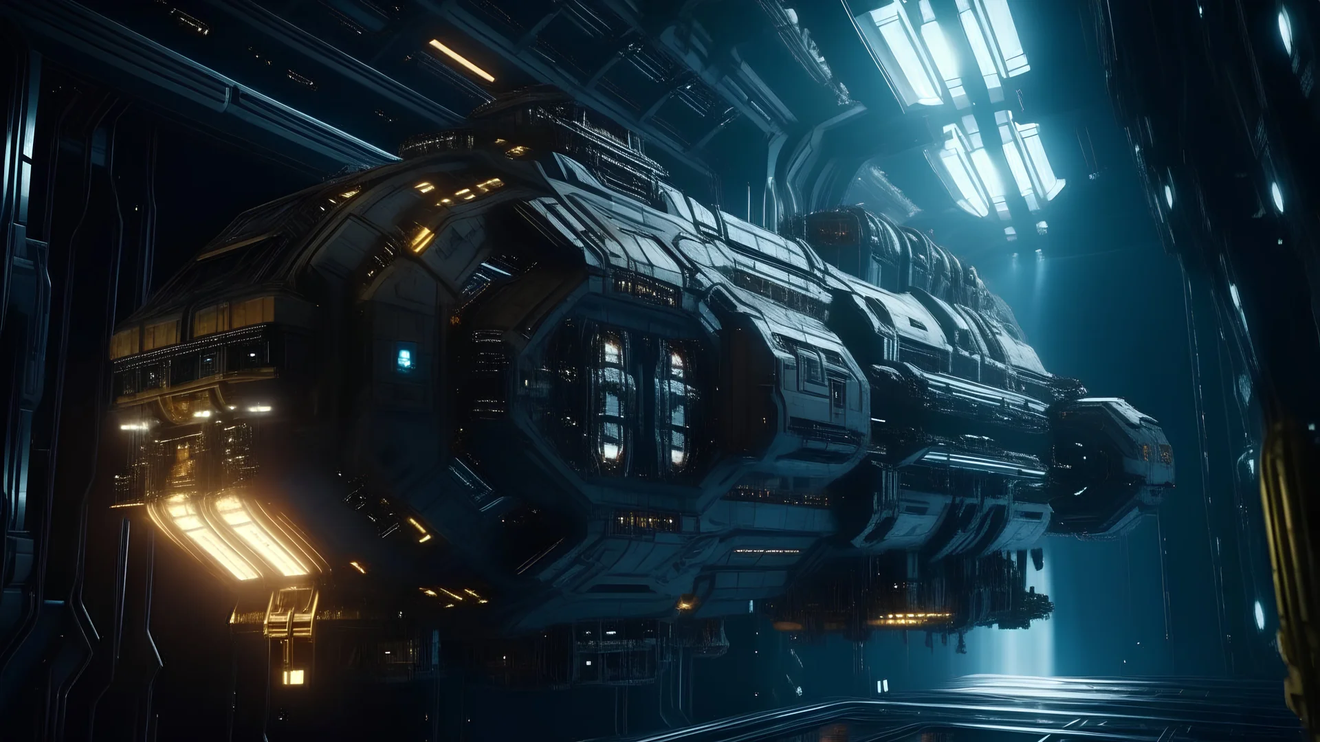 Spaceship heading into modern space station, featuring a cyberpunk aesthetic and wide scale, with cinematic lighting, epic tones, and extreme photorealism is shown