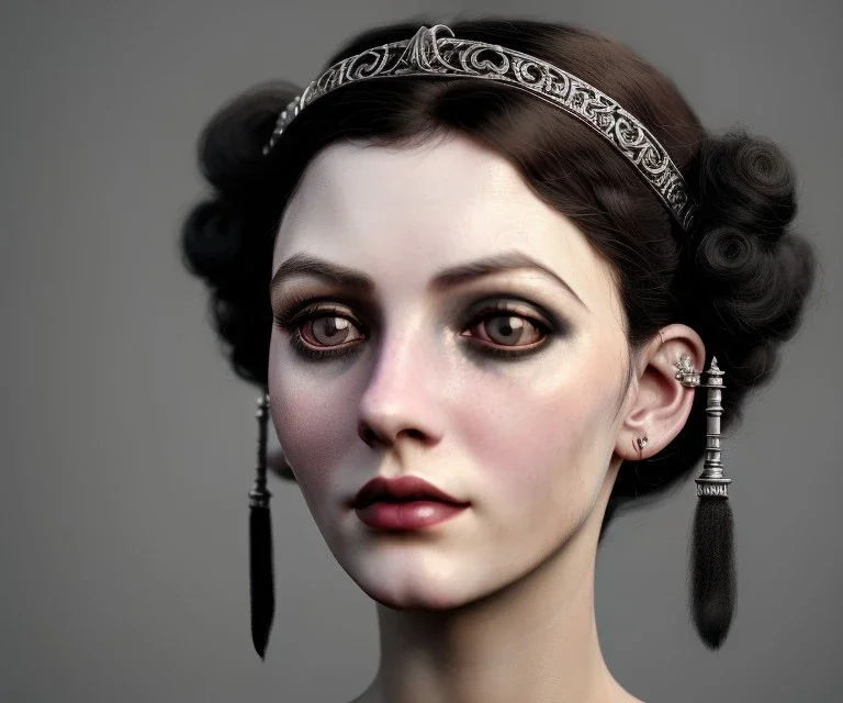 1800s, witchy, pale, strong jawline, victorian, portrait, choker, black curly hair, thick eyebrows, full lips, big eyes, feminine nose, victorian dress, beautiful, silver tiara, hair headdress, metal beads