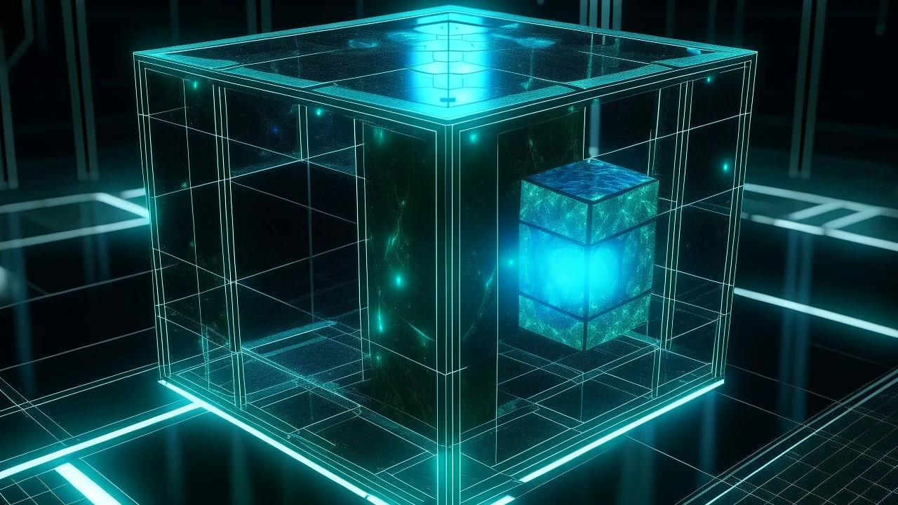 Cube tesseract from movie Loki. Located strictly in the middle of picture with space around it and with navy blue/green glow inside tesseract. Without surface on which it stay. Will be used for 404 error page.