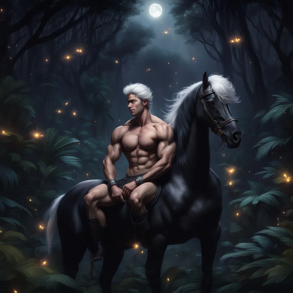 Hyper Realistic shirtless handsome muscular prince sitting on a black horse with white hair in a dark jungle with fireflies at a dark night