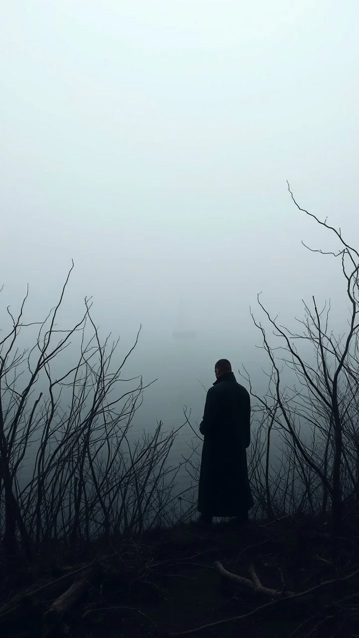 A mysterious man in black standing by the foggy lake black vein, human veins, mixing together a lot of them, like a forest, big and small veins a lot of them. A mist, a boat is coming in dark foggy distance