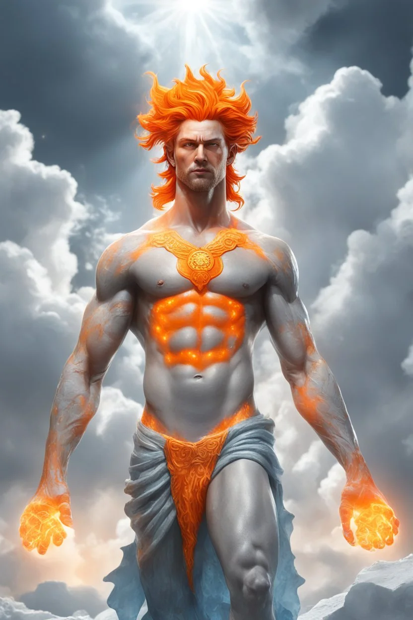 full body picture of a slim muscular god with galaxy's in his eyes, glowing orange hair that looks like it's made of the sun, a light gray body made of clouds with glowing cracks of orange within it in cloud patterns, he wears greek god like clothing that looks as if it's made of ice and water. realistic 4k