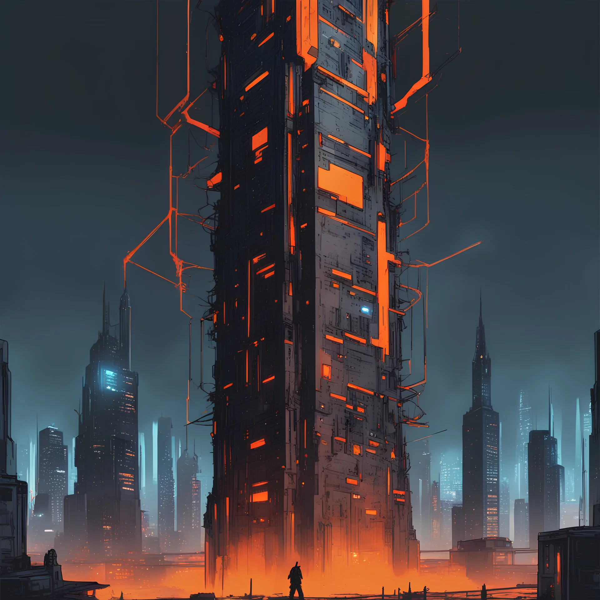 The tall tower with network cyberpunk comics style, with orange