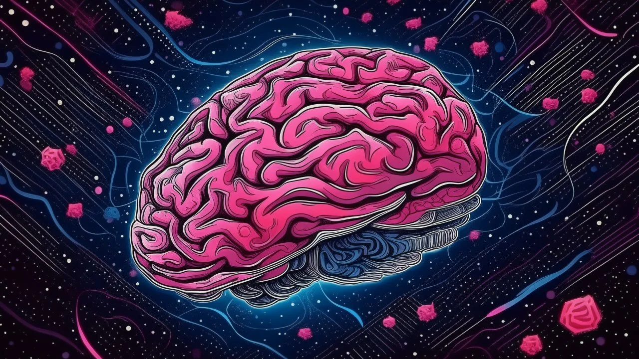 Comic style, bare pink human brain flying trough the universe, background galaxy's