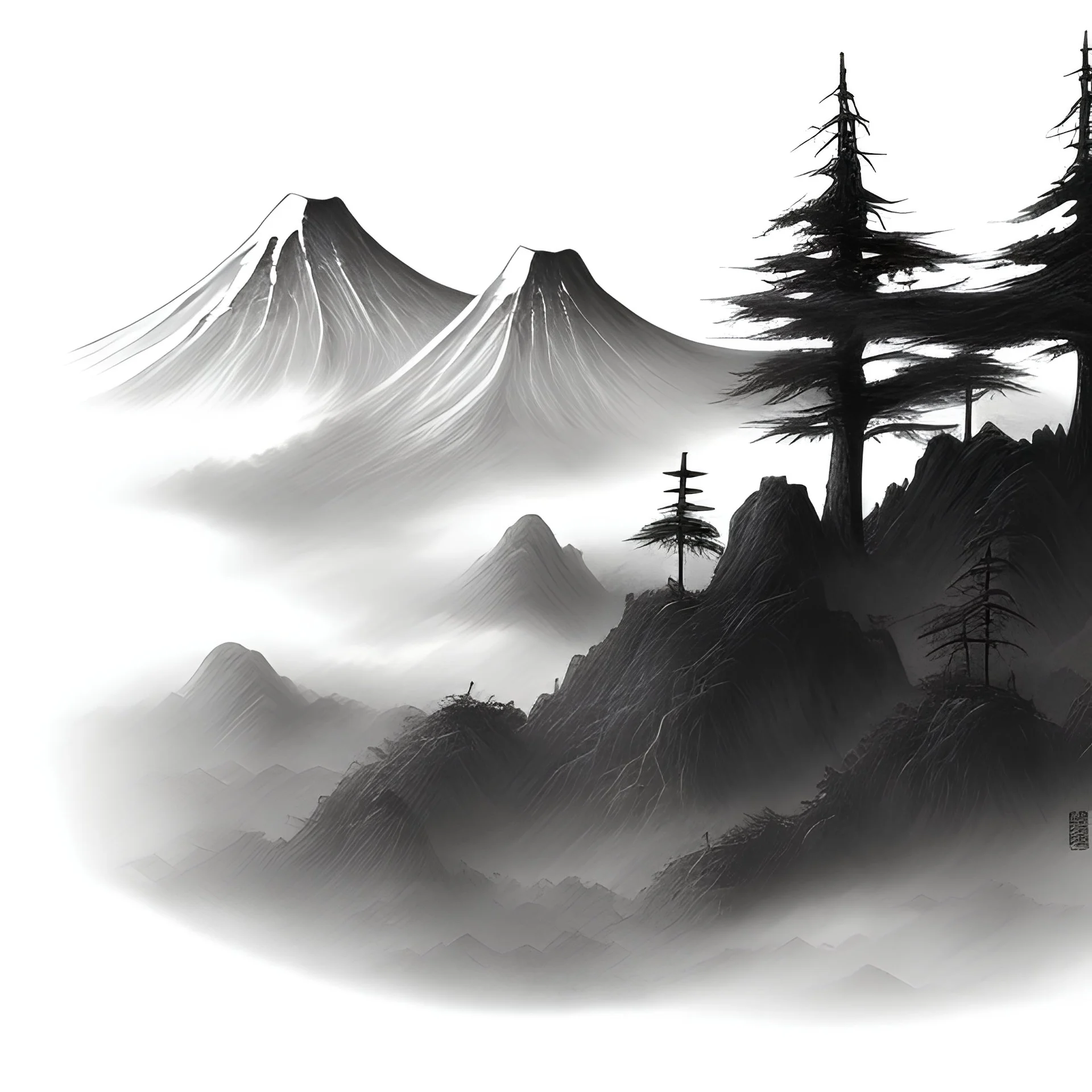 japanese ancient aquarel style, mountains, twisted trees, landscape, fog, misty light, black and white, no contrasts, paper texture background