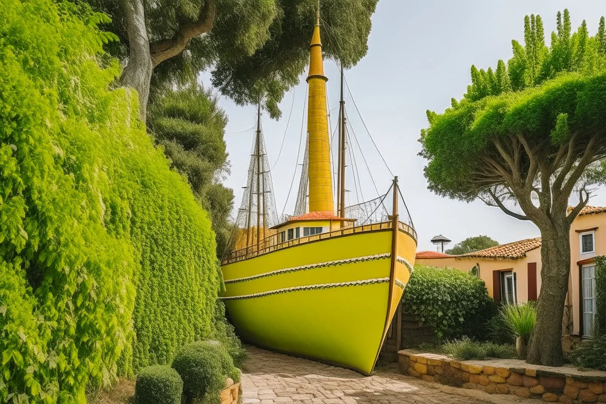 A large yacht is parked in the yard of a yellow stone house with a brown tiled roof, a large brown window and a chimney, a lush lace bush and a marijuana plantation, in the surrealist Salvador Dali style