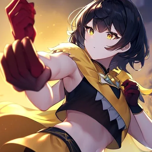 Clear focus,High resolution, Black short fluffy hair, and yellow eyes, wearing a black short skirt, sleeveless crop top, wearing long dark red gloves, yellow cloak, Holding hand out