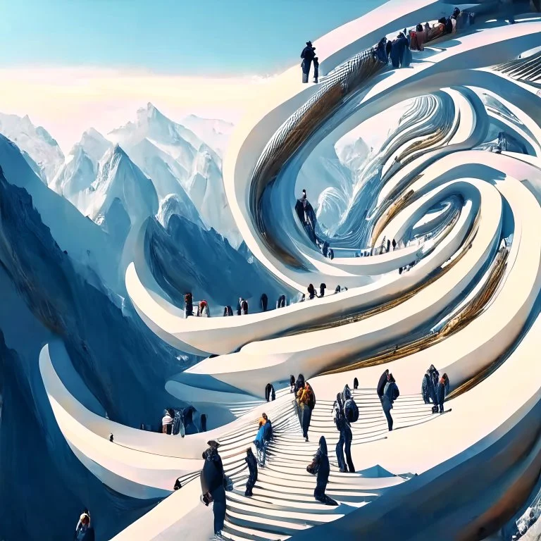 perspective viewpoint in the mountains, in the form of an ascending spiral, people, men, women and children, incredibly hyper-detailed, ZahanHadid style architecture 4k