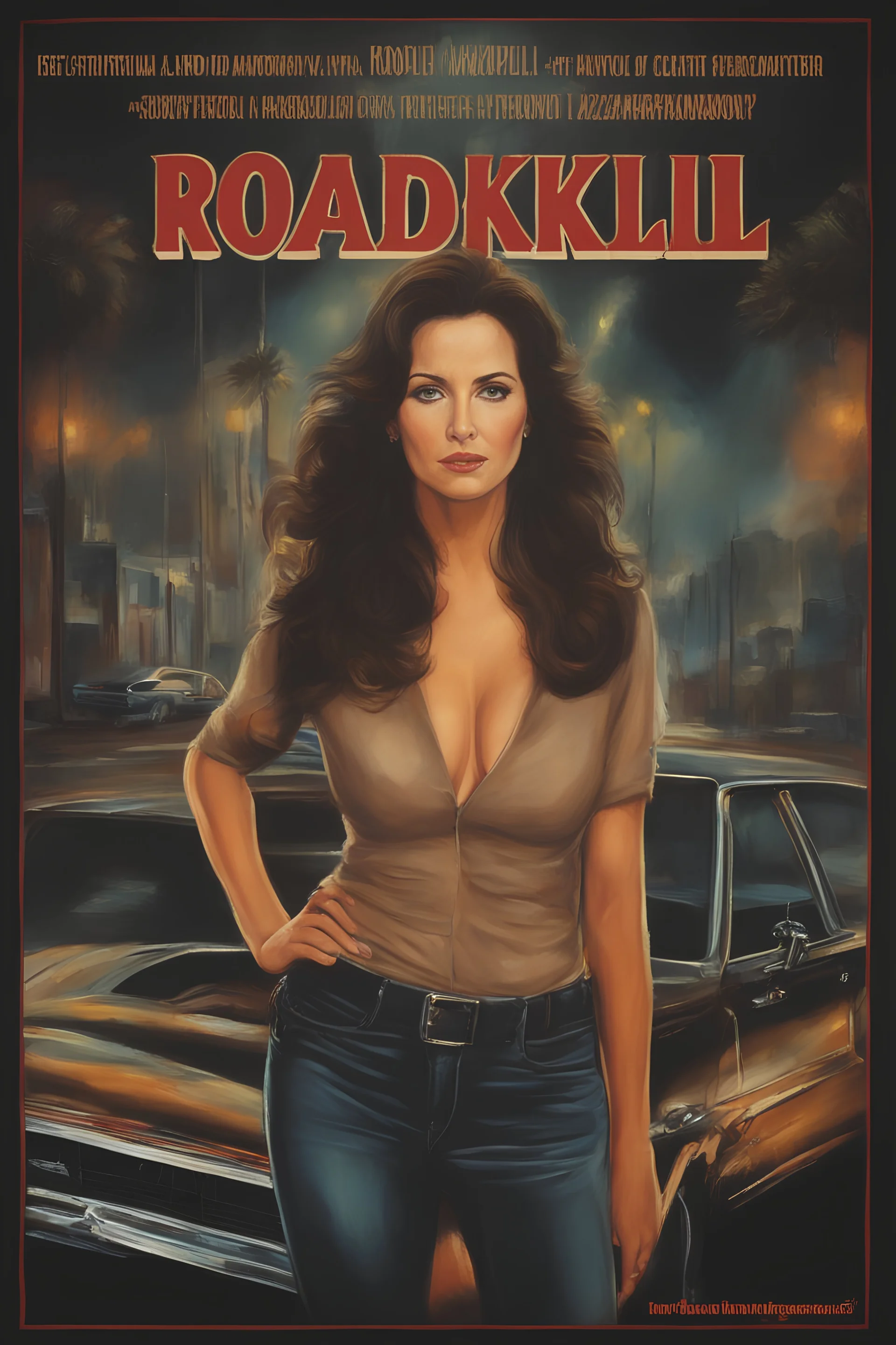 Movie poster - text "ROADKILL" - Lynda Carter and Fabio Lanzoni, Don't Trust Anybody, oil on canvas, in the art style of Roadkill,