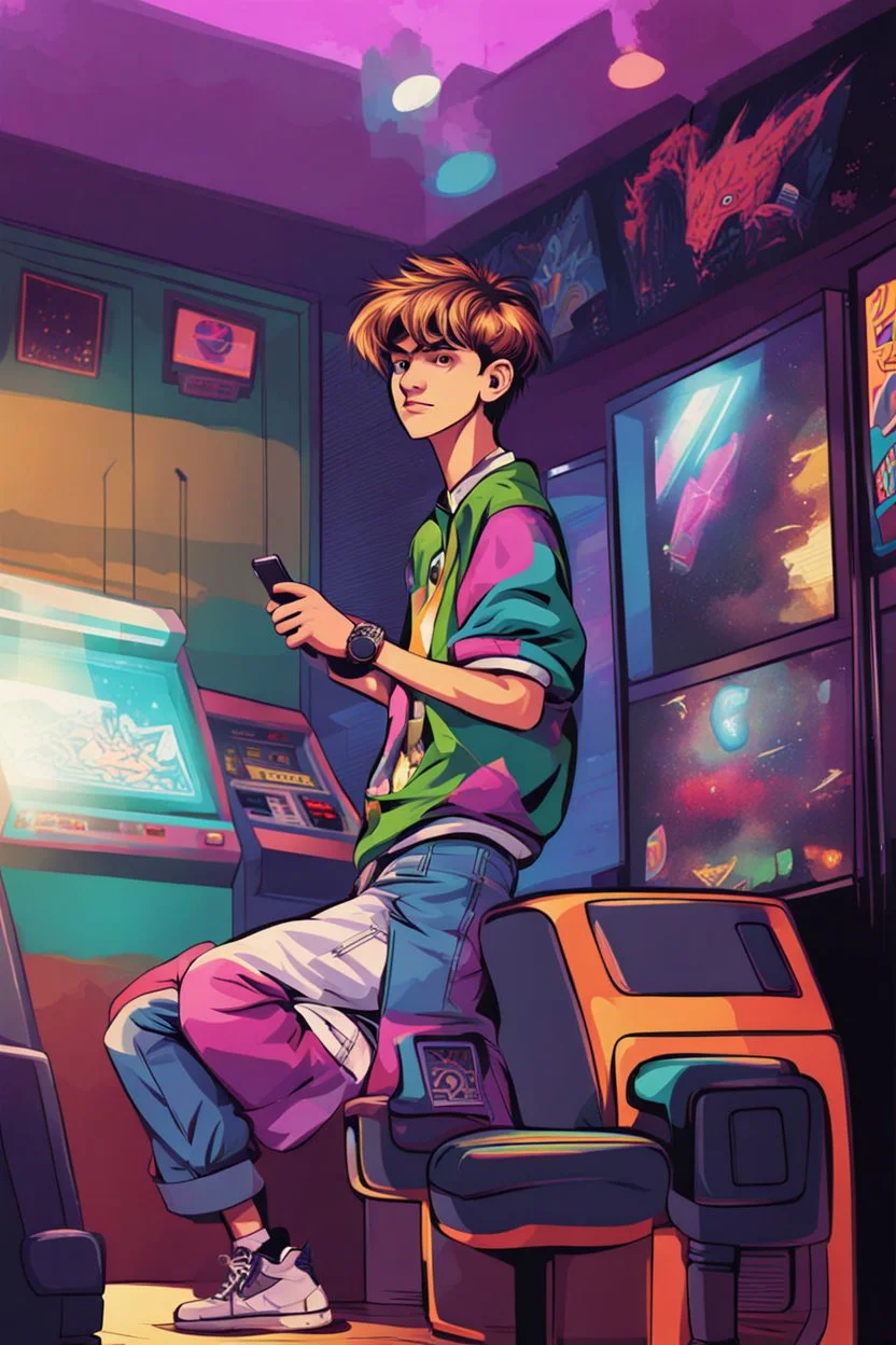 a millineal teenage boy is playing video arcade games, bright colored clothes from the 90s, hairstyles of that time, comic style