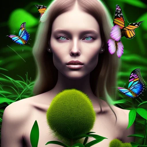 Generates high quality portraits of women covered in various plants, surrounded by forest and butterflies.