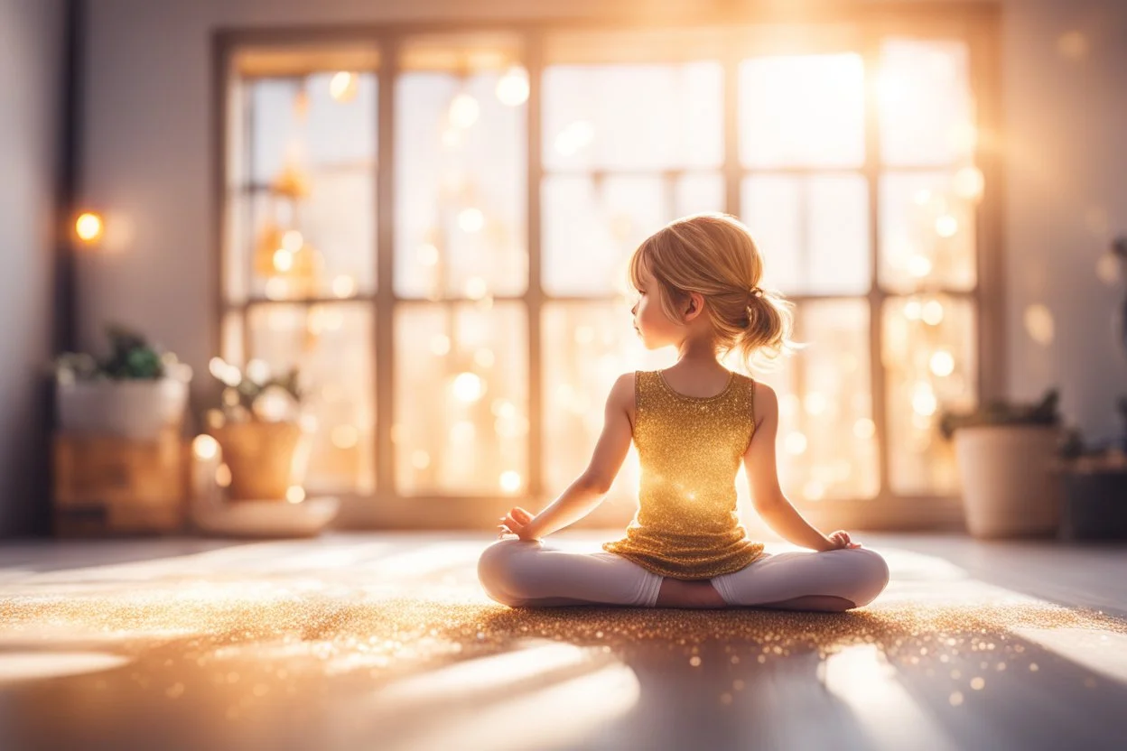 cute chibi yoga girl in sunshine, yoga room, watercolor and black ink outlines, sparkling golden glitter, ethereal, cinematic postprocessing, bokeh, dof