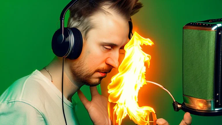 4k, portrait of a radio host broadcasting metal on fire in a radio studio, background green youth style