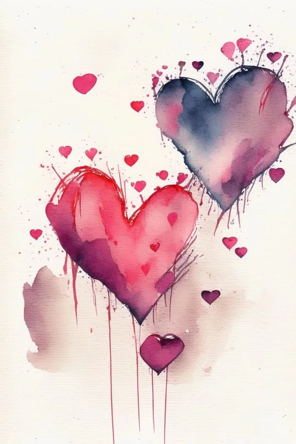 Hearts abstract wet watercolour in the style of kline with thin sketchy pencil lines
