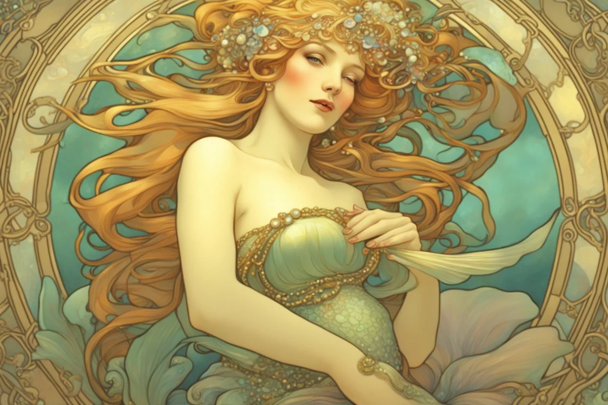 a beautiful mermaid with jewels elegant extremely detailed very attractive beautiful dynamic lighting colourful Alphonse Mucha