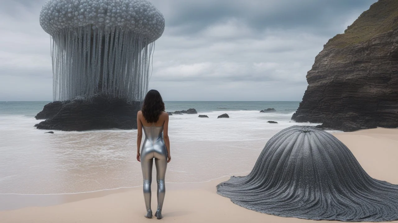 Wide-angle shot of a woman, standing on the right of a beach with huge waves, with dark hair in a silver robotic catsuit, many large Chrysaora quinquecirrha jellyfish floating high up in the air, masterpiece, best quality, super detailed