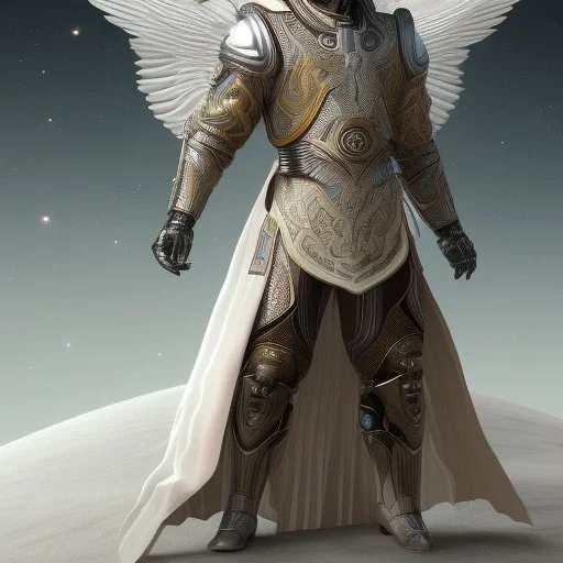 First image is of the main character's full body. He’s to look like a powerful angel without wings, symbols on hands glowing, His background should be that of space above with stars and standing on a paradise of a planet. His belt can transform into a white dragon.