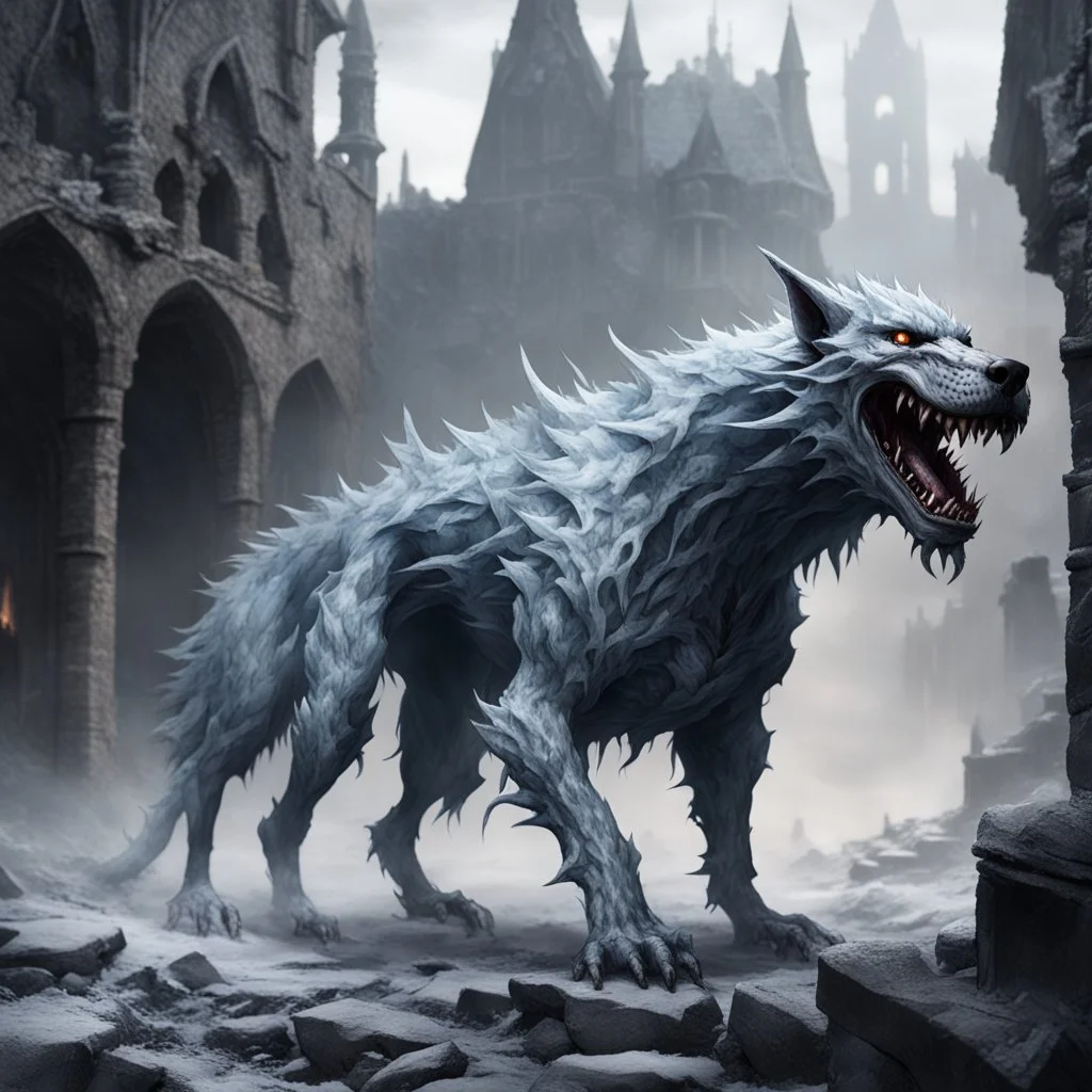 frost hellhound out of the abyss monstrous in ruins of medival town