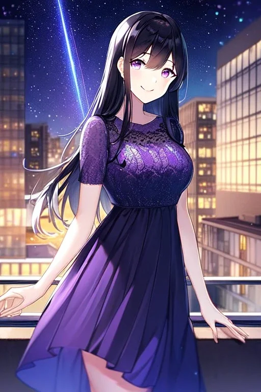 girl, masterpiece, best quality, cinematic lighting, detailed outfit, vibrant colors, perfect eyes long hair, black hair, purple eyes, night sky, starry sky, shooting star, rooftop, town, smile,