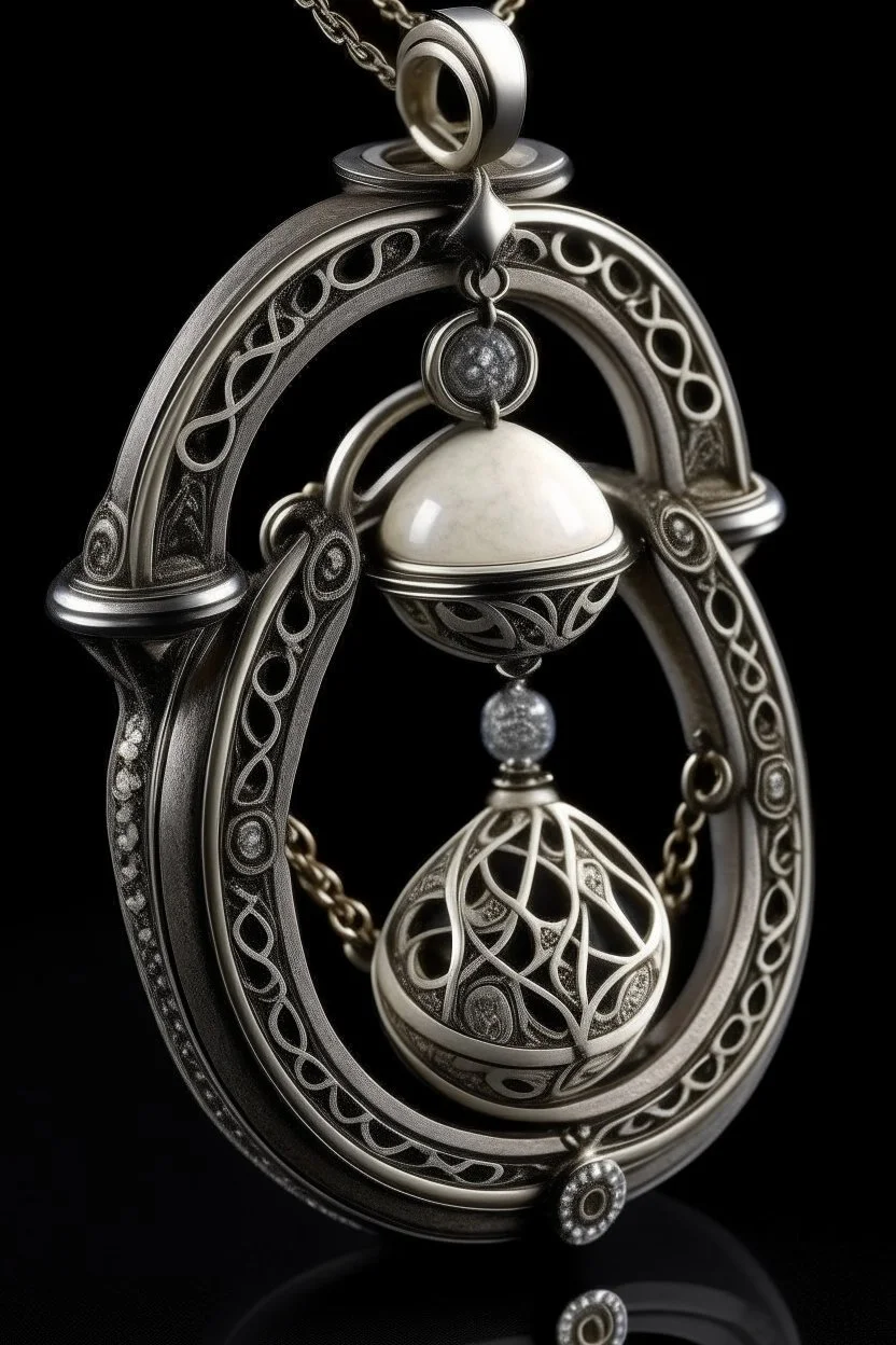 A magical locket filigreed with silver in the shape of an hourglass made of bone