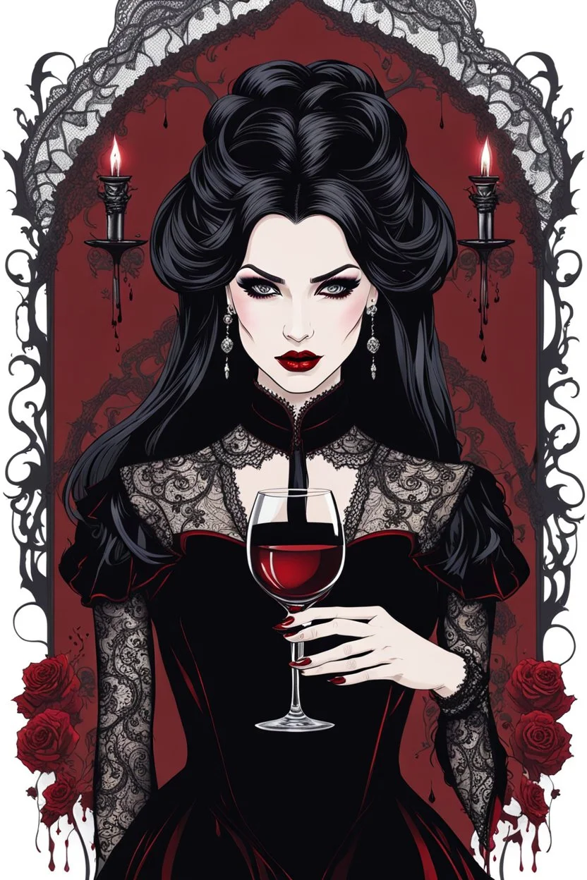 A captivating, high-resolution image of a stunningly elegant vampire woman exuding both beauty and danger. Dressed in exquisite black gothic clothing adorned with intricate details and black lace, on her dress red blood stains adding a dramatic effect. Her pale skin contrasts sharply with her dark attire, and her long, dark hair cascades down her shoulders. Holding a glass of red wine, she radiates an air of mystery. The background is dark and enigmatic, with soft, realistic lighting casting sha