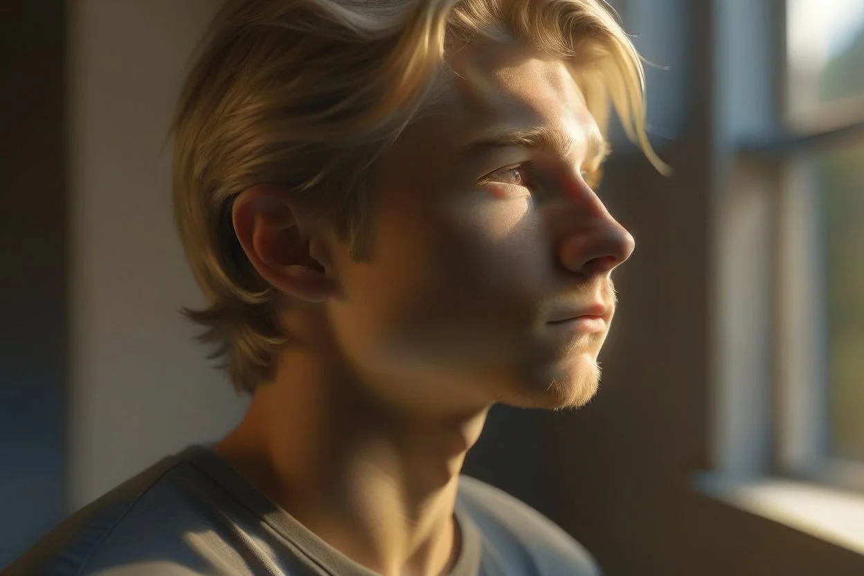 A candid portrait of a athletic teen boy with honey brown eyes and golden blond hair, innocent and thoughtful, gazing out a window, a hint of facial hair, wearing sleeveless shirt, inside an empty room with warm sunlight streaming in, detailed, high definition, 4K, 8K, quality render