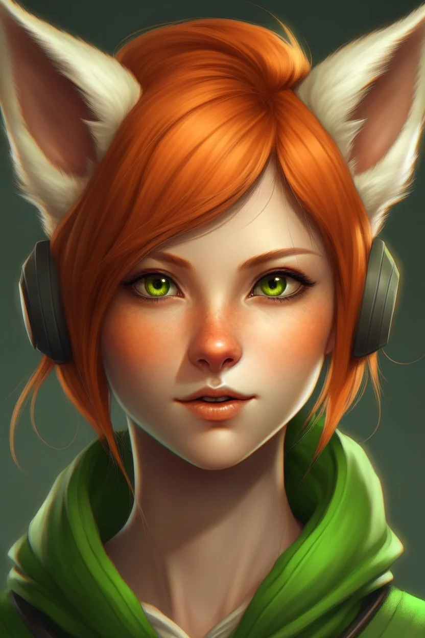 A female with short red hair, dark green eyes, large orange fox ears on top of her head, slight smile, pale skin, realistic