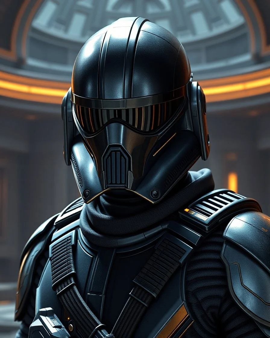 star wars bald male corellian pilot wearing pearlescent black and gunmetal grey First Order special forces heavy assault stealth commando armor and helmet with mirrored visor and gold and metallic red trim inside the jedi temple, hyperdetailed, dynamic lighting, hyperdetailed background, 8k resolution, volumetric lighting, light skin, fully symmetric details