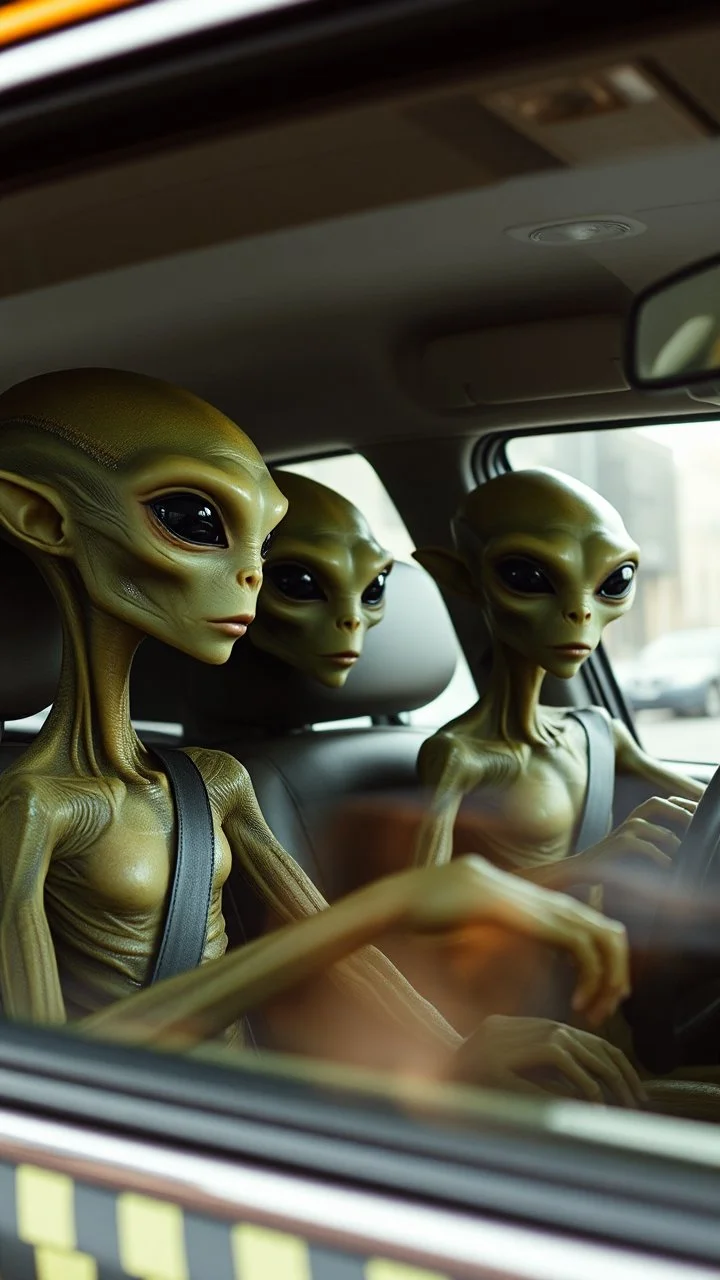 aliens sitting in an taxi car and the driver looking at them in the mirror