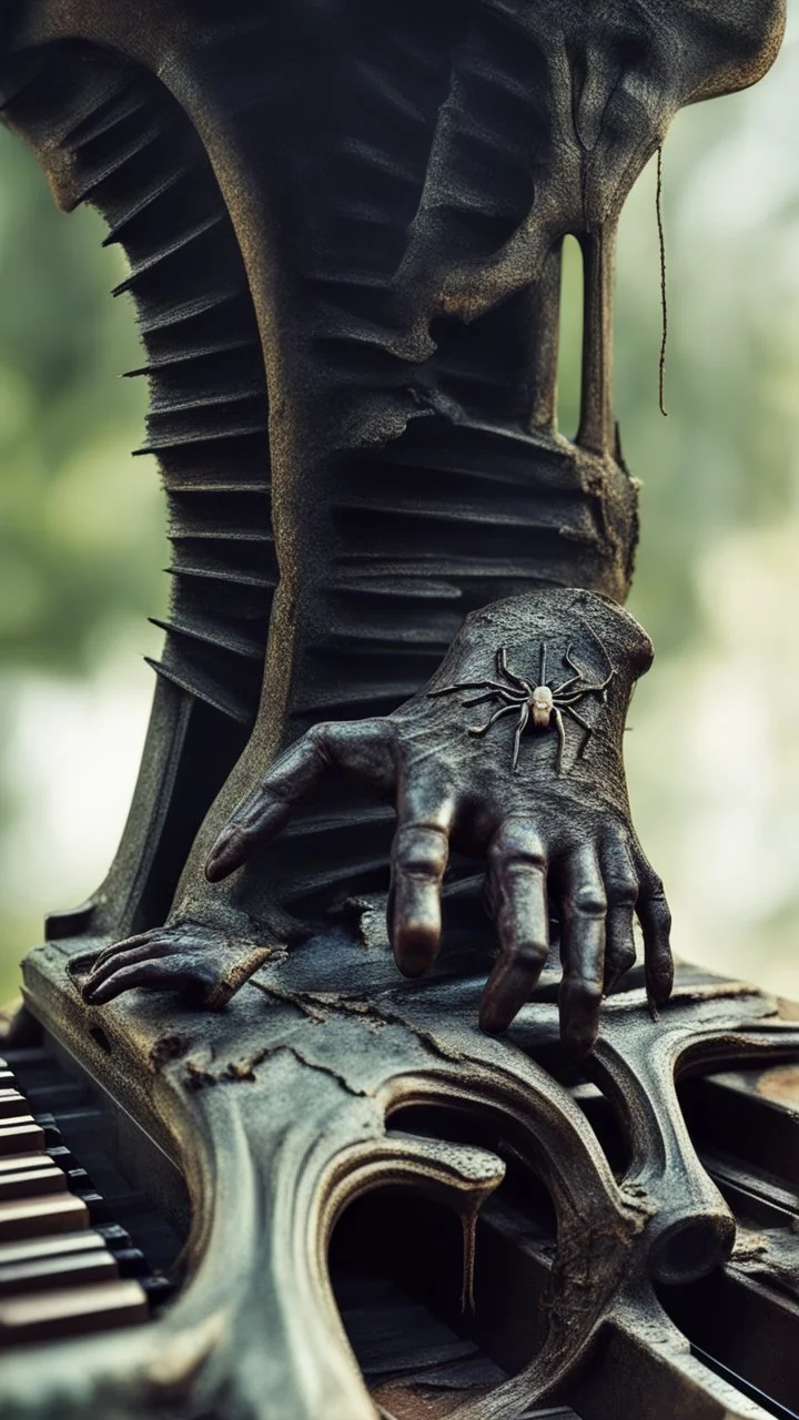 Ugly , Evil rusted hands on an old piano keyboard with spider on the keyboard
