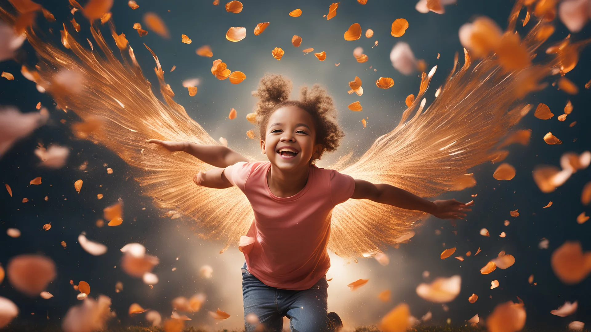 Magical Fantastic young happy child facing camera, Liquid Structure, Flying Petals, Splash, Portrait Photography, Fantasy Background, Intricate Patterns, Ultra Detailed, Luminous, Radiance, Joy, Exuberance, Fun, energy, excitement, Ultra Realism, Complex Details, Intricate Details, 16k, HDR, High Quality, Trending On Artstation, Sharp Focus, Studio Photo, Intricate Details, Highly Detailed