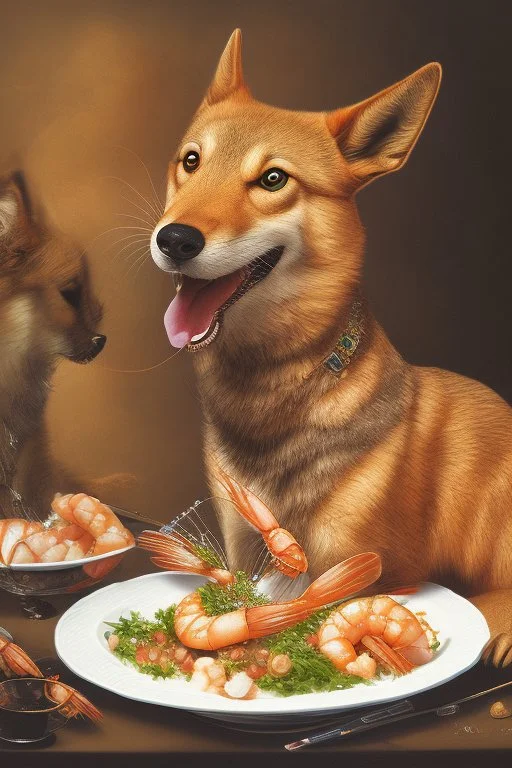 doge eating a shrimp platter