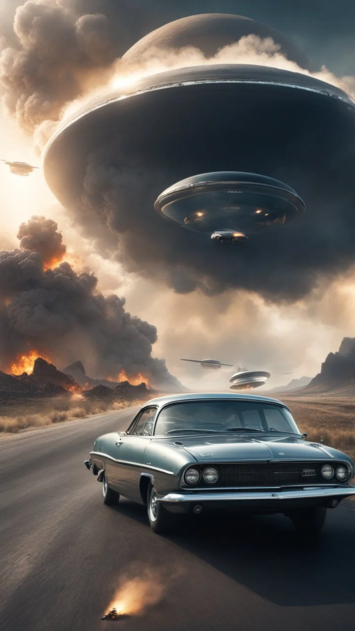 The image shows a photograph with a science fiction theme. Reflected in a side-view mirror, we see a classic car with passengers, driving on a desolate road. In the background, a large UFO hovers in the sky while multiple explosions erupt in the distance, sending up clouds of smoke and fire. The mirror's border frames this chaotic scene, juxtaposing a calm, seemingly oblivious drive with the dramatic events unfolding behind. The aged effect of the photo adds a layer of nostalgia to t