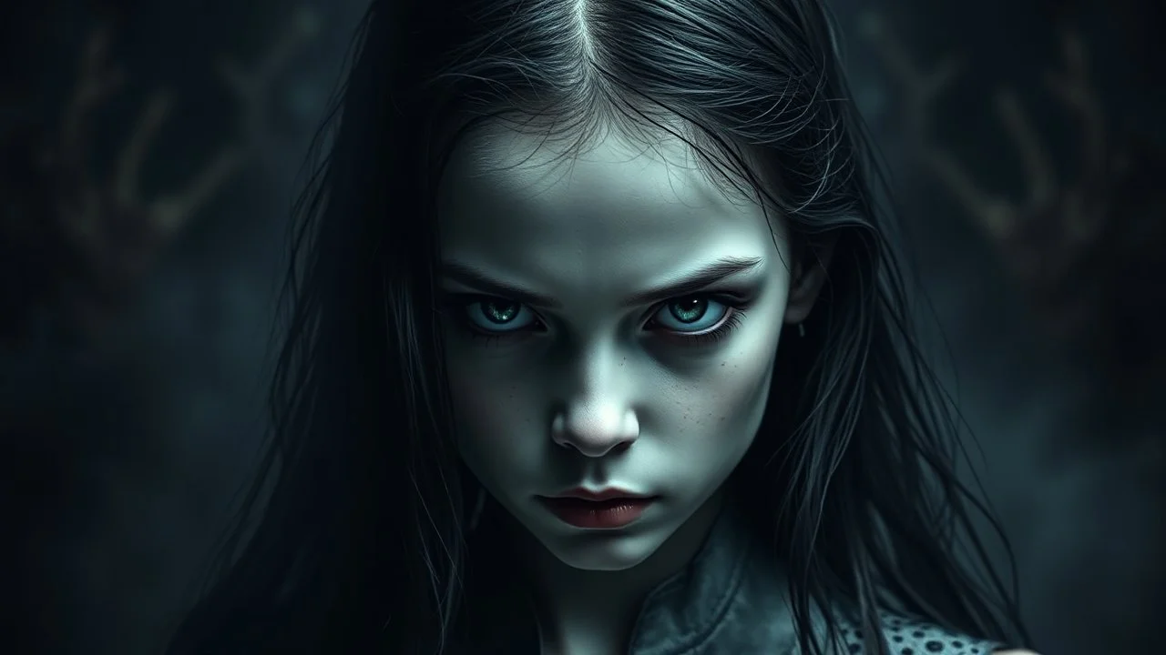 A hauntingly beautiful girl, with porcelain skin, a disturbing and penetrating gaze, surrounded by an aura of mysterious and creepy silence, against a dark, sinister and foreboding background.