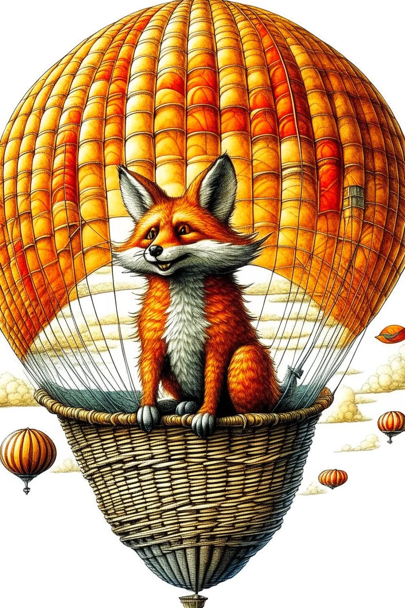 Color illustration of a ultra photo realistic happy red fox sitting "inside" a detailed wicker basket which is hanging below a perfect round orange colored hot air ballon nothing should be hanging from the basket, full image of hot air ballon, every element; fox, wicker basket, ballon should be in proportion to one another, in the background you can see the leaning tower of Piza