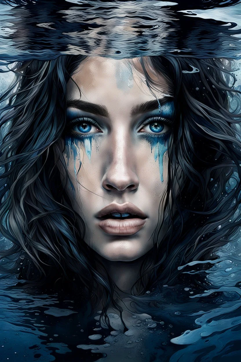 matte painting of a beautiful woman's face just under the surface of the water, close-up, sad, peaceful, beautiful, long messy hair, minimal colors, rough paint strokes, black, white, and a hint of dark blue and silver, paint strokes, insanely detailed, detailed matte painting, deep colors, intricate detail, splash screen, mystic, complementary colors