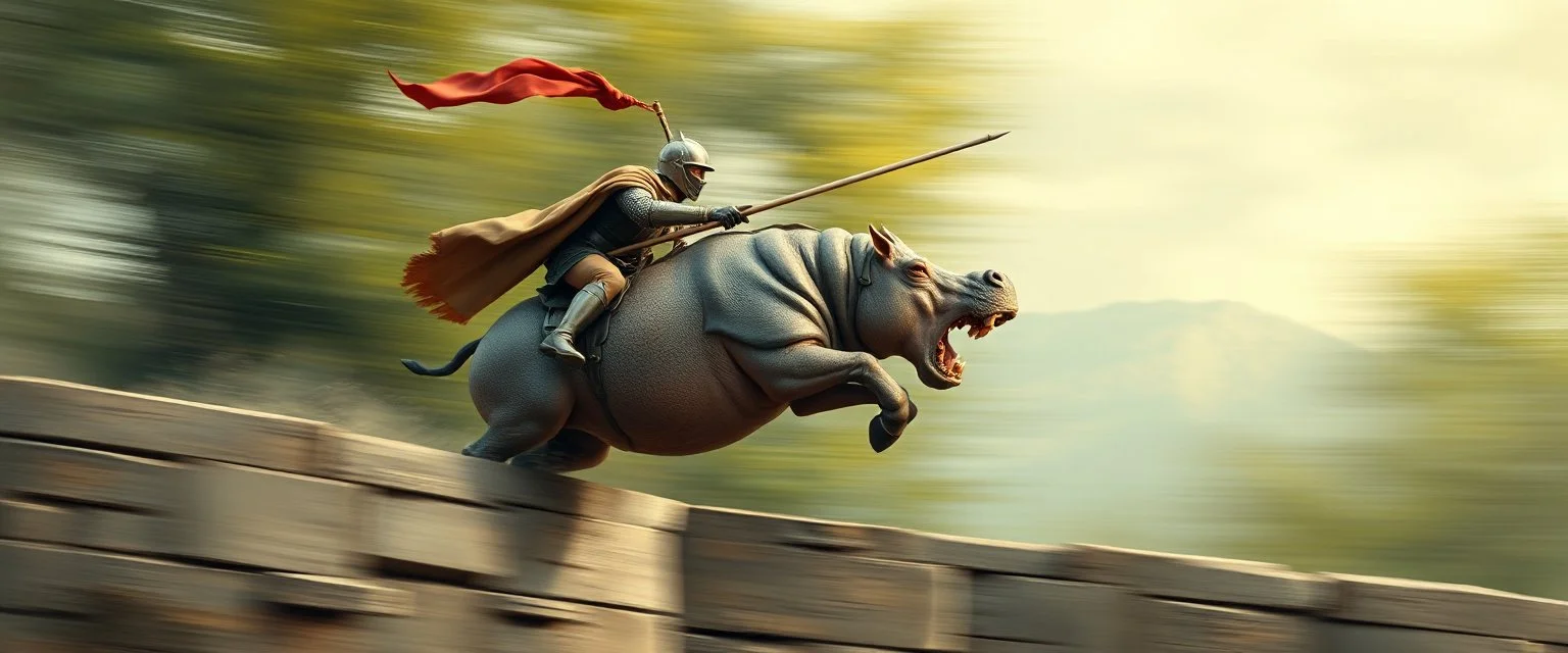 fast hippo hog kentaur jumping a wall with knight rider and lance, motion blurred background, painted by rembrandt and Leng Jun