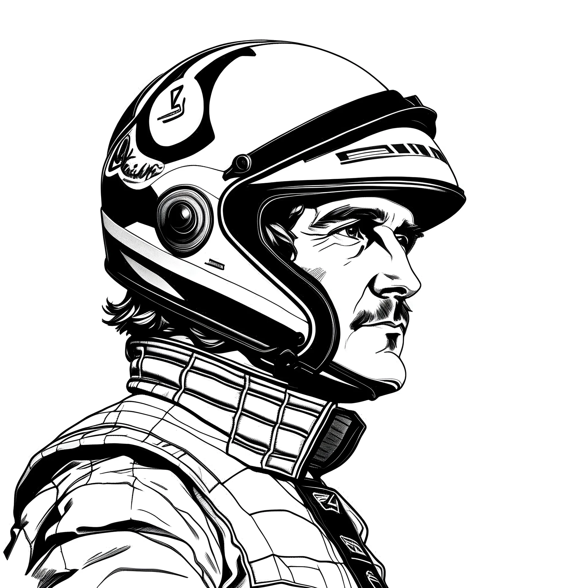 Quero que você gere um desenho em preto e branco do ayrton senna em pé com capacete de formula 1, faça o desenho ser tão simples que não pareça que foi gerado por uma IA