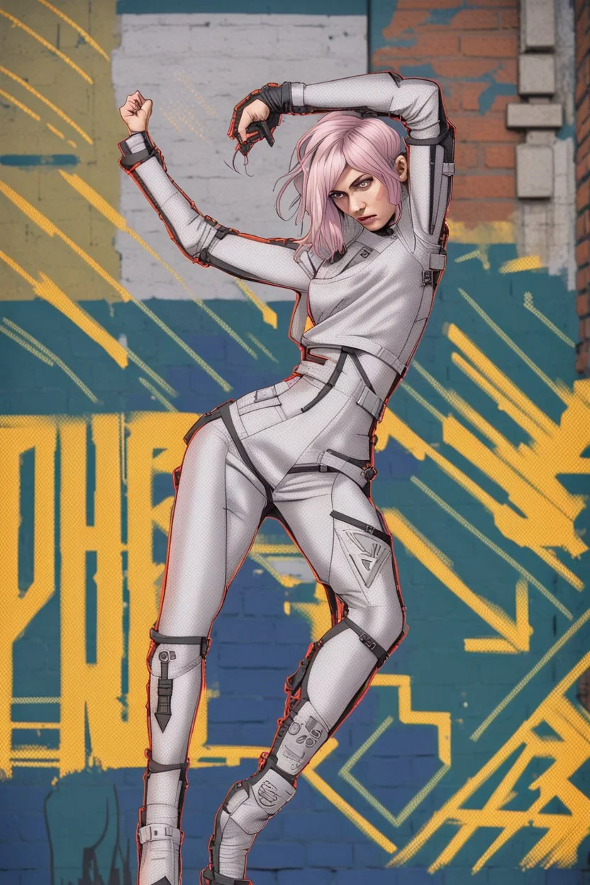 teen woman in retro-futurist cyberpunk costuming with pants and sheathed swords leaning to the side with shoulder against a brick pillar, background is brick with graffiti of a large arrow pointing to the right and text of the word "PUB" on lower left