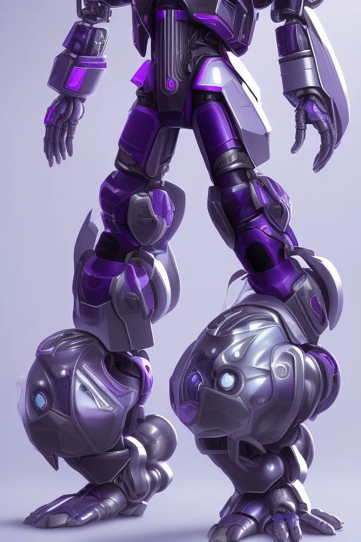 A Genderless Cyborg made of metal, has a human like face with a long violet ponytail, the cybord is wearing armor similar to Megaman Omega. The color palatte of the armour is deep purple and yellow.