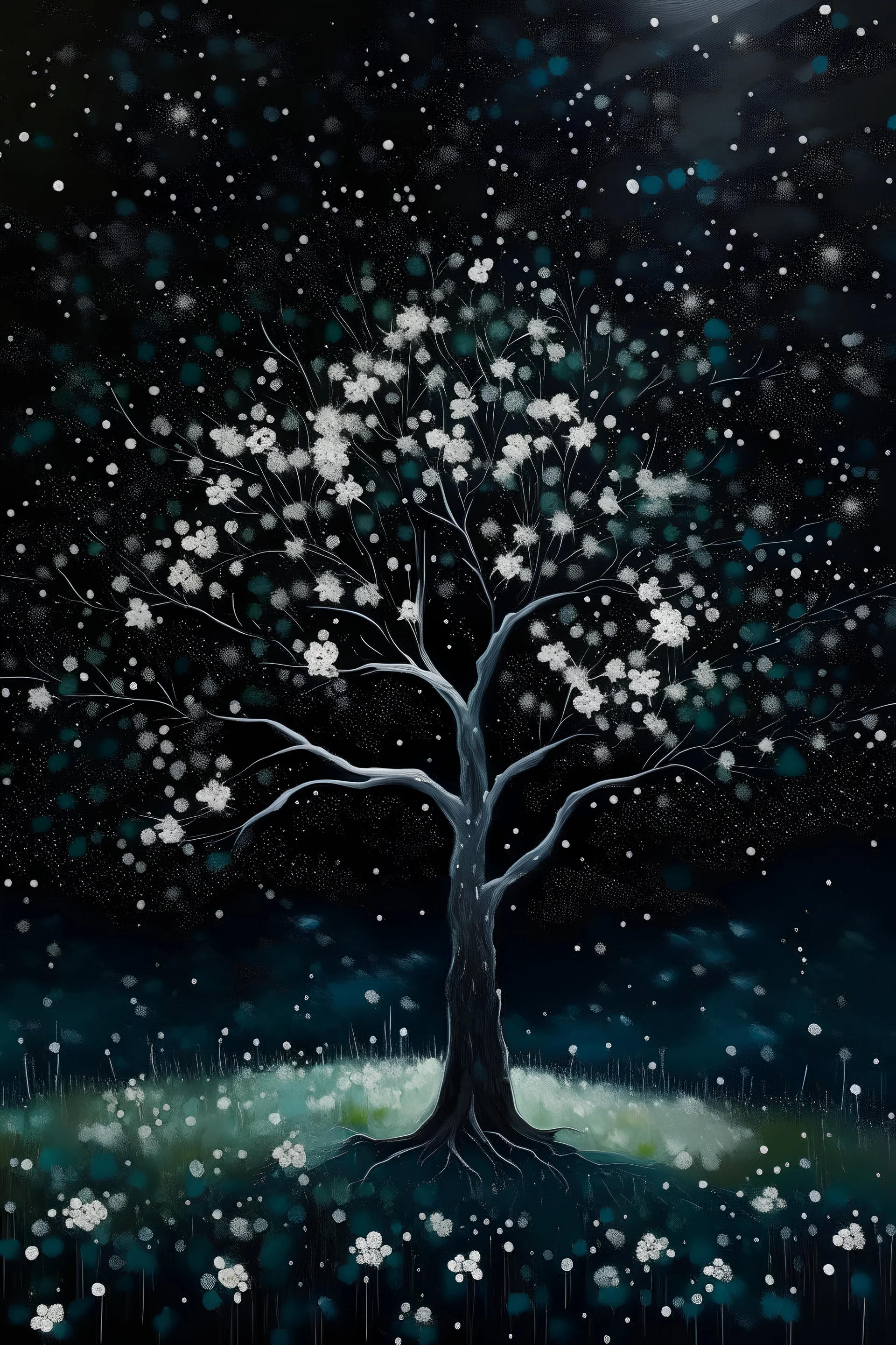 Acrylic painting of a tree in bloom with white glowing flowers, scattered white flowers on the ground, dark cosmic background with a myriad of stars