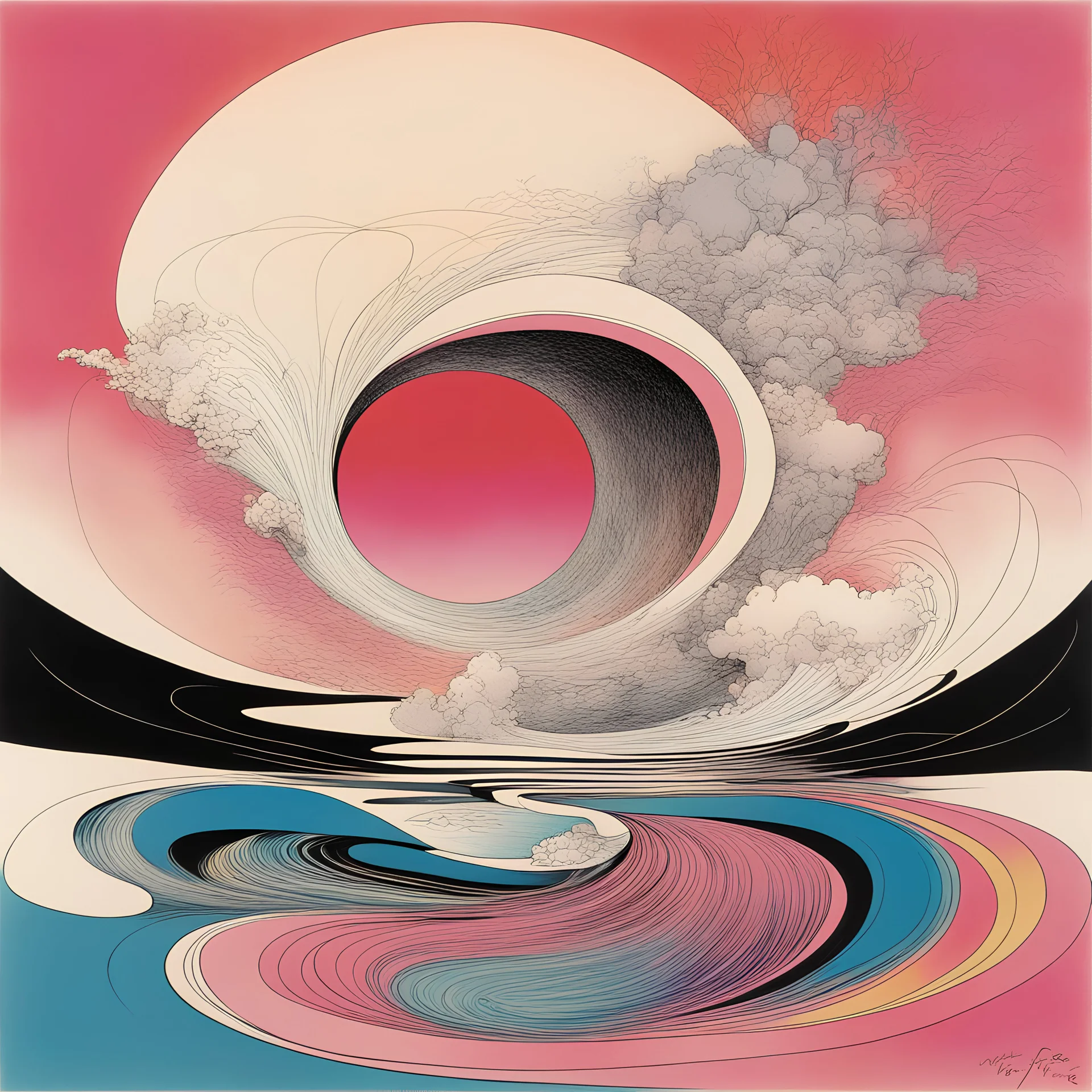 Wish you Were Here, by Victor Pasmore and Gerald Scarfe and Vincent di Fate, abstract surreal color ink illustration, Pink_Floyd album art, dramatic, color splash, psychedelic spacecore