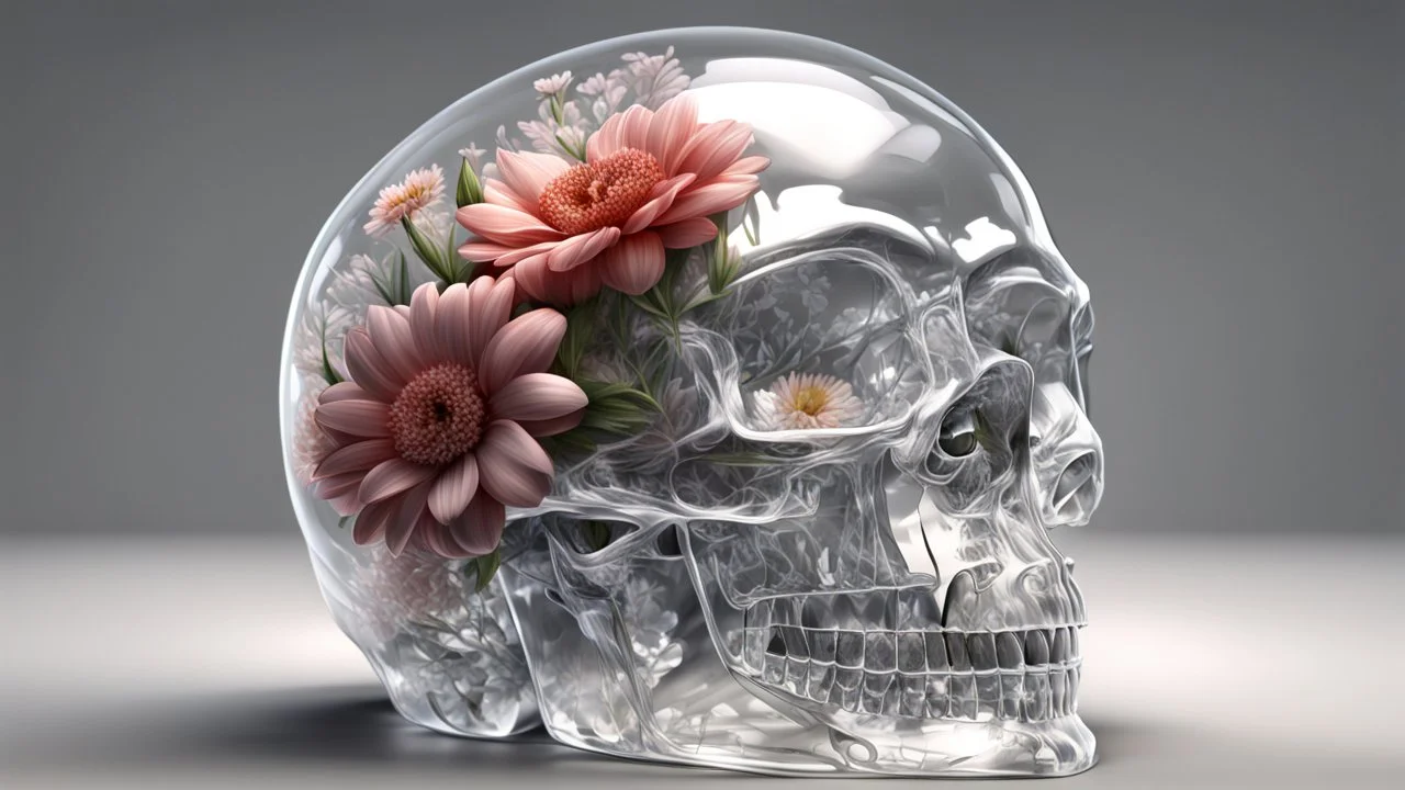 flowers in a crystal skull, clear lines, detail, fine rendering, high resolution, 64K, photorealism, precise focus,