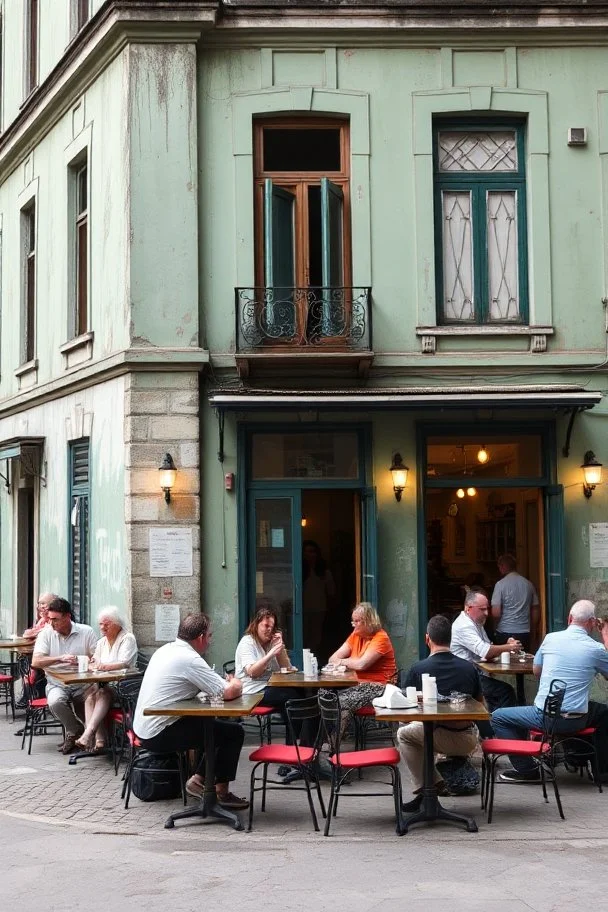 People sitting on tables having diner in front An old abandoned building with green walls