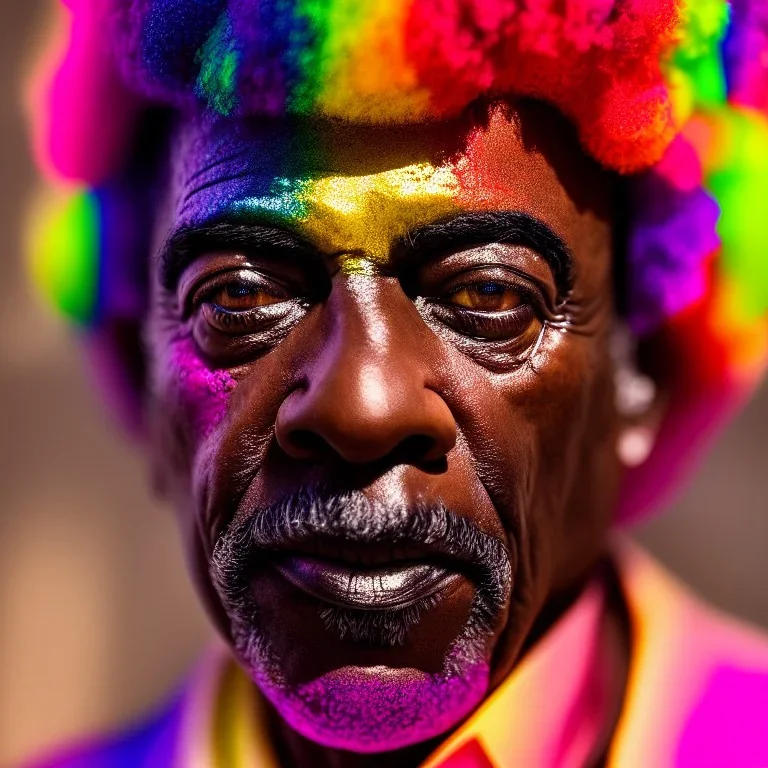 masterpiece, best quality, old man, dark skinned, sparkling eyes, fluorescent skin, colorful makeup, afro, head shot, highly detailed body, sun light, 4K, RAW, depth of field, high contrast, realistic details, 24mm