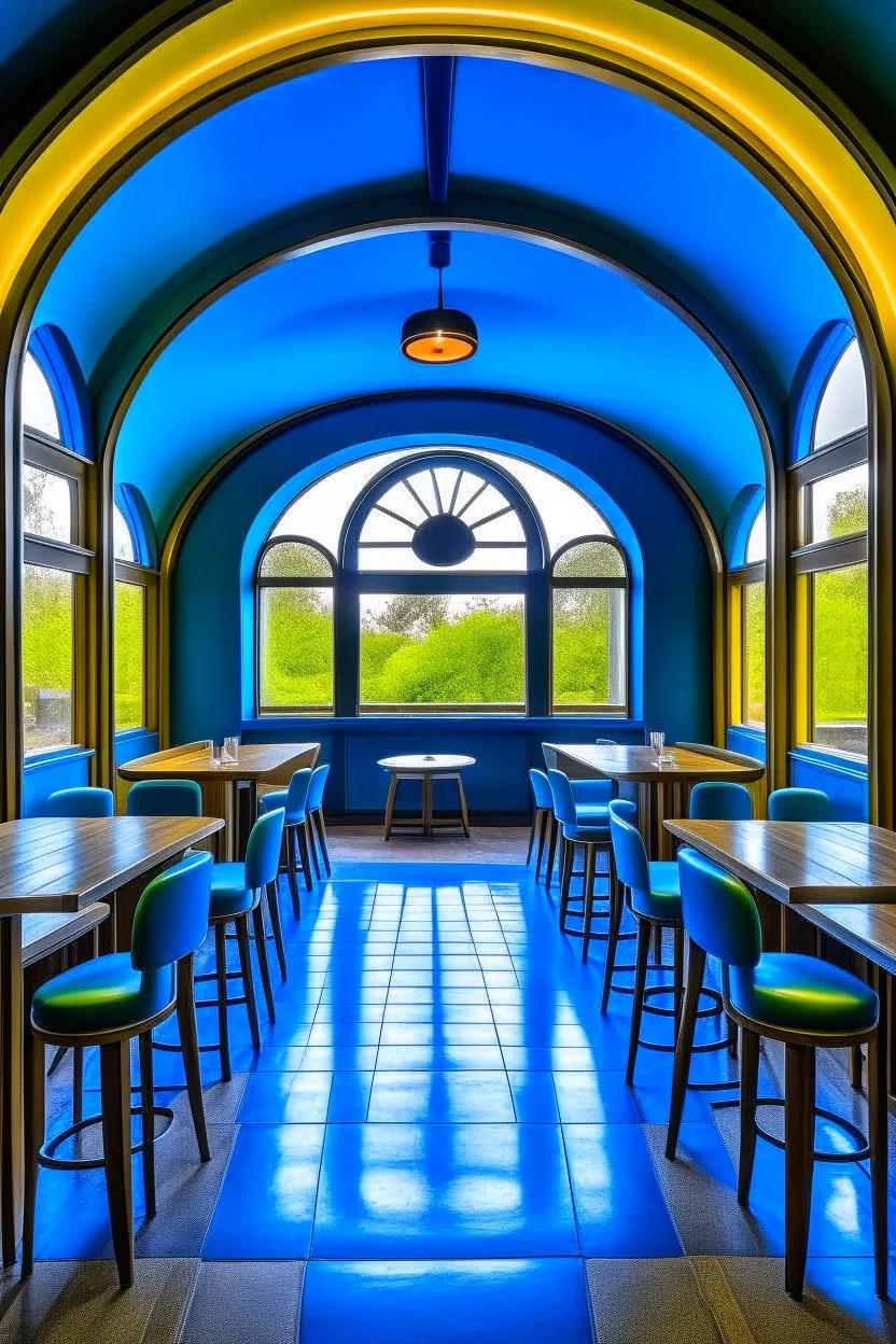 A restaurant whose outer walls are oval in shape, the color of the inside is blue, and its floor is light, with a bar table in the middle of the restaurant in the shape of an oval containing 30 chairs, and there is a door at the end of the restaurant