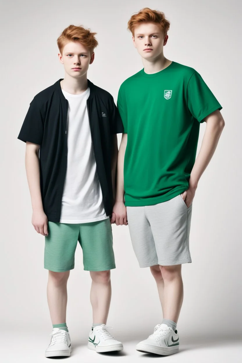 style as on photo uploades, two teenage brothers, ginger hairs, one is slim, second chubby and lower, typical teenagers, white faces, green eyes, sport shoes, characteristic standing pose for book cover, white background